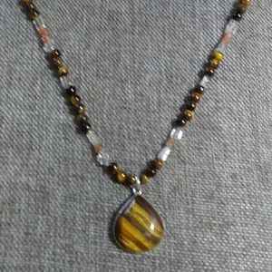 NWT-TIGER,S EYE-DROP/BEADS & CRYSTALS. STERLING. PENDANT/ 18" LONG...  (N-13)